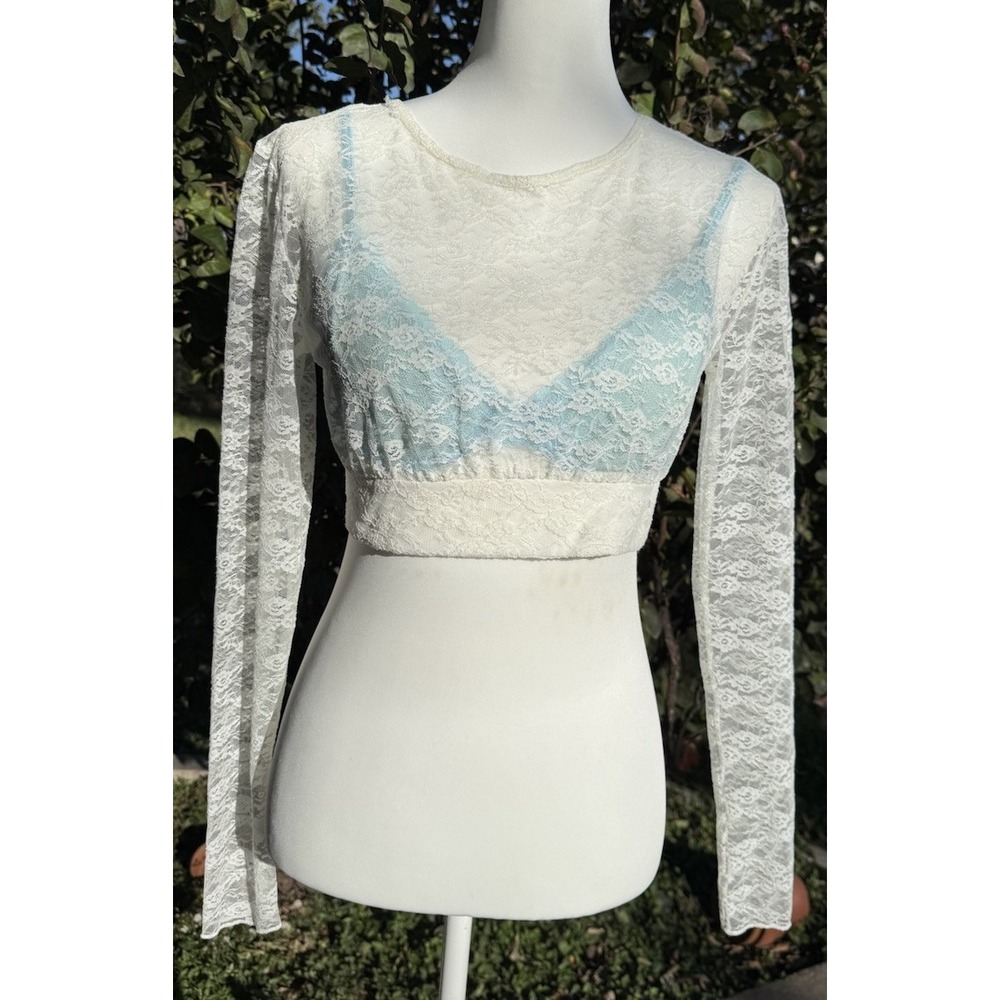 VTG Y2K CW Classics Ivory  lace see through long sleeve Crop‎ Top Blouse Shirt L